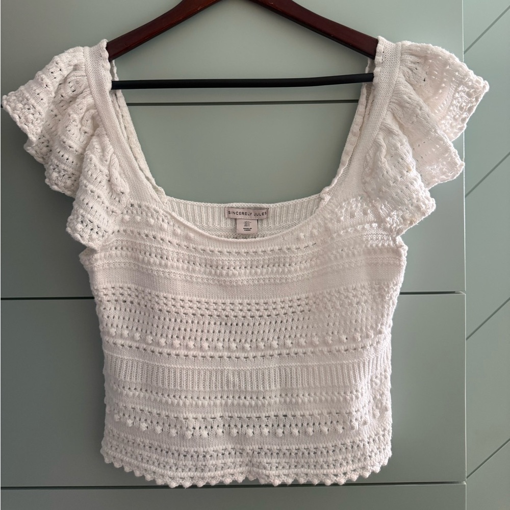 Sincerely Jules Cream Crochet Knit Flutter Sleeve Top